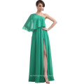 ED029 One Shoulder Ribbons Green Chiffon High Slit Sexy Evening Dress